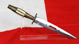 A Very Good, Antique Decorated Spanish Antique Albacete Fighting Knife, aka The Albacete Knife Plug Bayonet. With Pieced Blade & Dot Punched Decoration With A Brass and Carved Bone Hilt