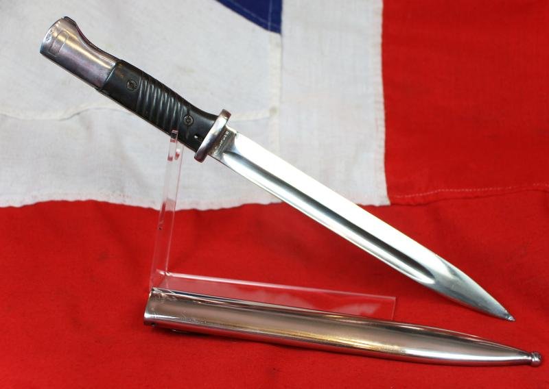 A Superb K98 Mauser Combat Bayonet. Early to Pre War Manufacture 1939 By Coppel GmbH. Matching Bayonet & Nickel Plated Scabbard.