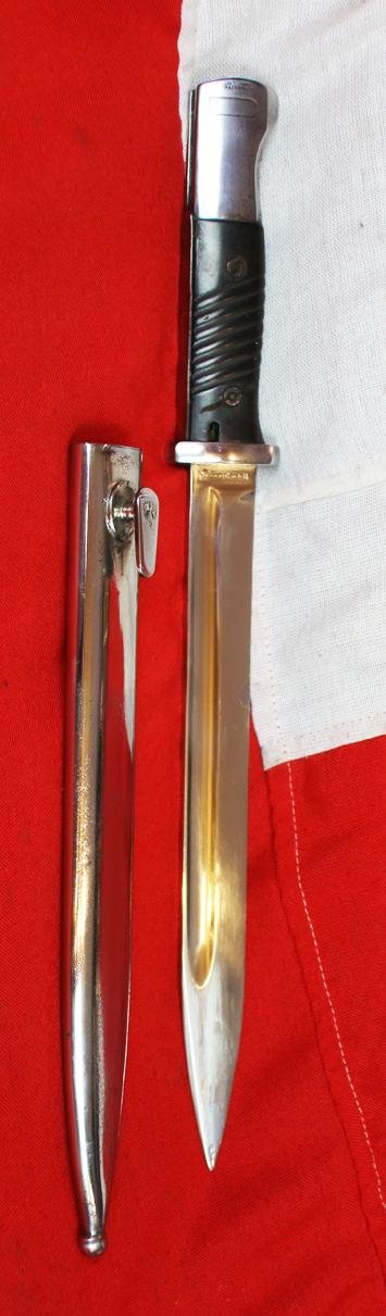 A Superb K98 Mauser Combat Bayonet. Early to Pre War Manufacture 1939 By Coppel GmbH. Matching Bayonet & Nickel Plated Scabbard.