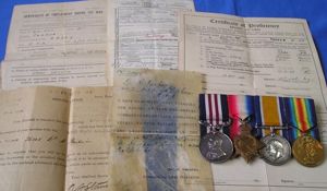 WW1 MILITARY MEDAL & TRIO WITH DIVISIONAL GALLANTRY CARD & ORIGINAL DOCUMENTS, 18th D.A.C, R.F.A, FROM NEWARK