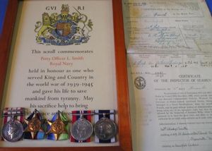 WW2 ROYAL NAVY LONG SERVICE & CASUALTY GROUP, WITH ORIGINAL PHOTO, MEMORIAL SCROLL & SERVICE PAPERS, HMS ITCHEN 23-9-1943