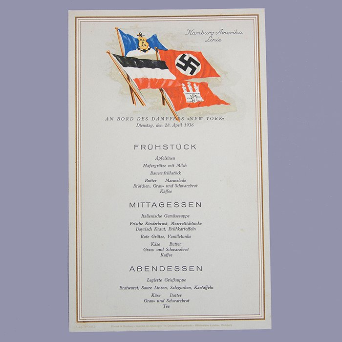 HSS46 Printed daily menu for the Steamship New York dated 28 April 1936