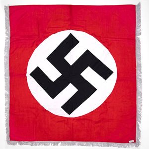 DY109 Double sided NSDAP party flag with metallic fringe borders and paper RZM tag