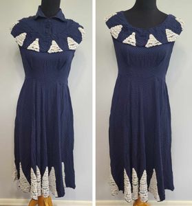 German Blue Dress with White Trim and Detachable Collar(B-36' W-28' H-41')