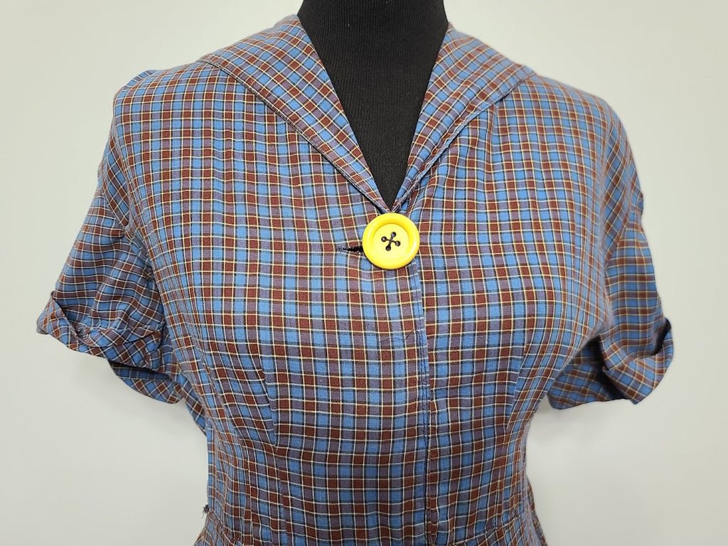 Blue Brown Plaid Dress with Yellow Flower Pocket(B-40' W-28' H-36') — image 5