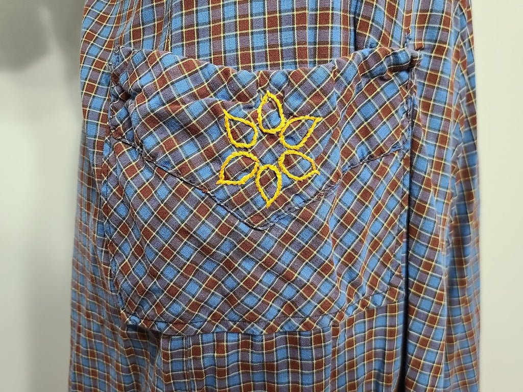 Blue Brown Plaid Dress with Yellow Flower Pocket(B-40' W-28' H-36') — image 6