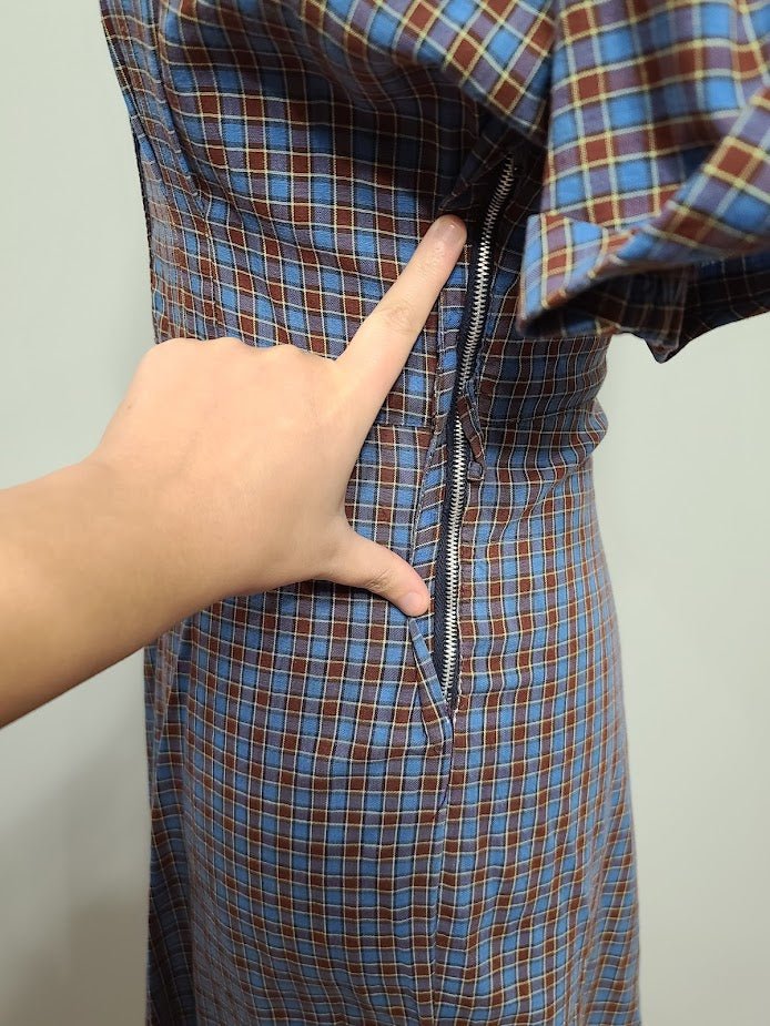 Blue Brown Plaid Dress with Yellow Flower Pocket(B-40' W-28' H-36') — image 9