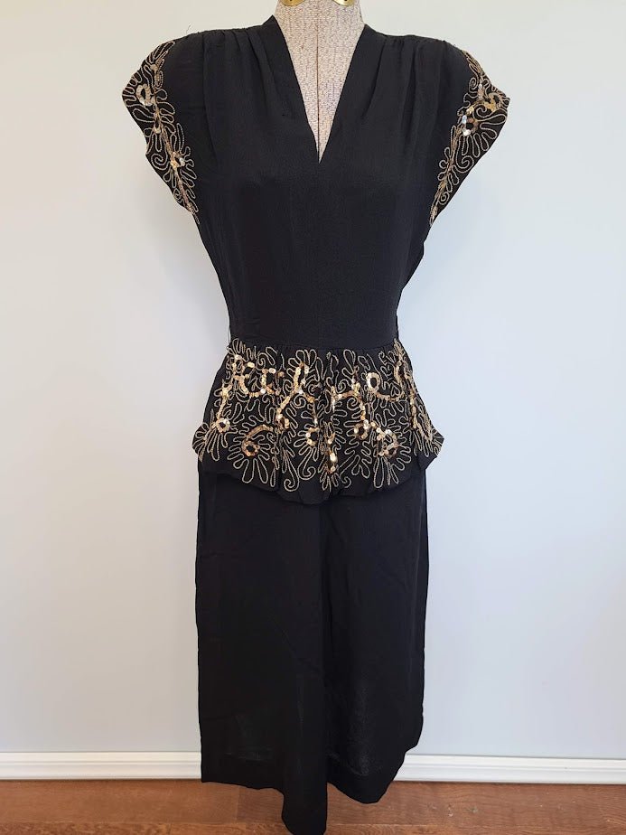 Black Rayon Peplum Dress with Gold Sequins and Soutache(B-33' W-26' H-35')