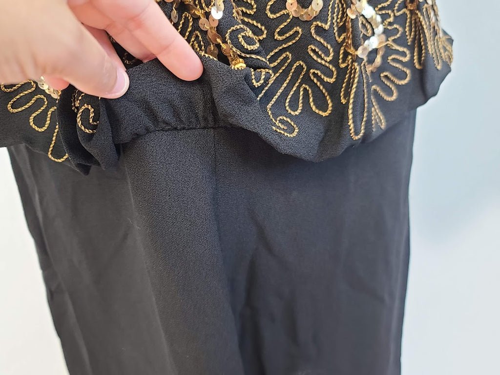 Black Rayon Peplum Dress with Gold Sequins and Soutache(B-33' W-26' H-35') — image 11