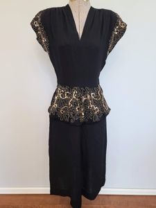 Black Rayon Peplum Dress with Gold Sequins and Soutache(B-33' W-26' H-35')