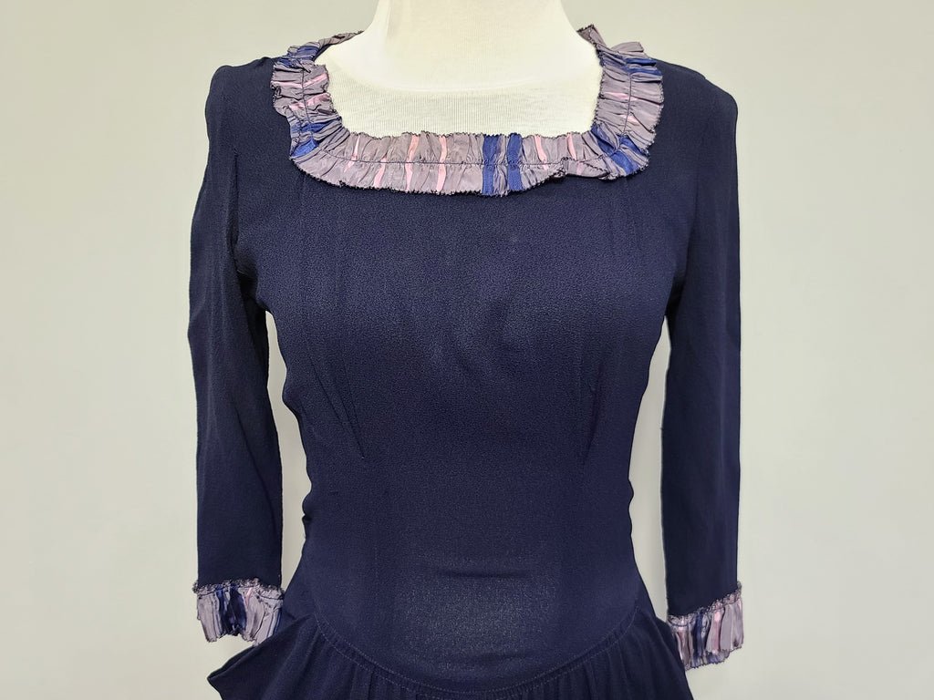Dark Blue Rayon Dress with Plaid Trim(B-35' W-25.5' H-38') — image 2